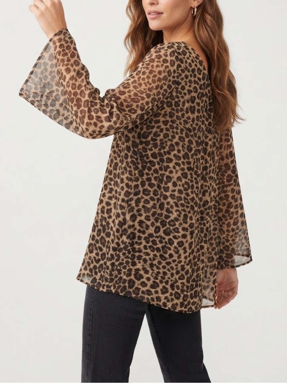 Audrey Leopard Print Sheer Bell Sleeve Top - Brown Women’s Size Medium